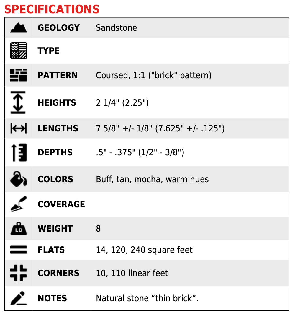 Natural Stone Thin Brick Veneer - Monticello - Flat - Small Crate (120 SF)