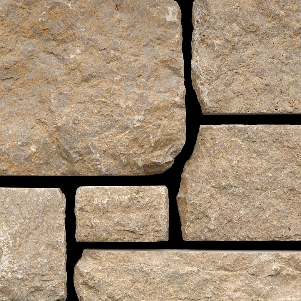 Hartwell Gold Limestone Tumbled Dimensional natural limestone full bed building stone — Earthworks EW Gold Tumbled Dimensional