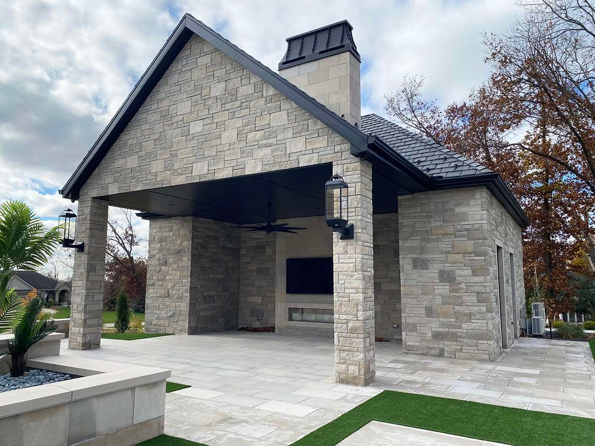 Indiana Limestone Variegated Dimensional installed stone wall