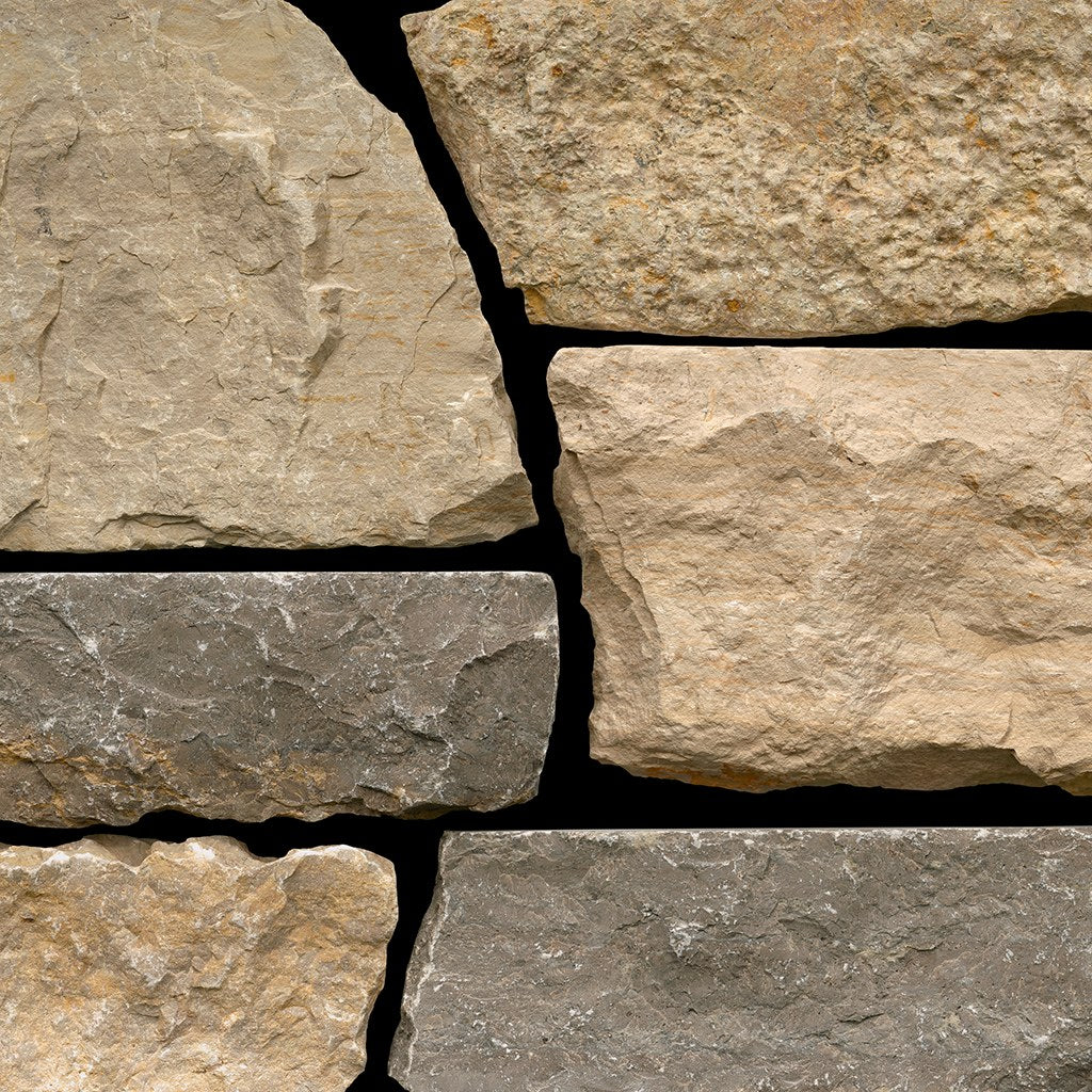 Wynfield Farmhouse Limestone Tumbled Random Heights natural limestone full bed building stone — Earthworks Farmhouse Tumbled Random Heights